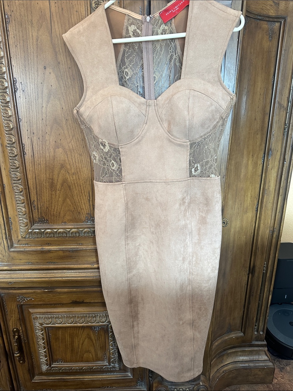 AKIRA Taupe Lace-Panel Midi Bodycon Dress with Sweetheart Bust
